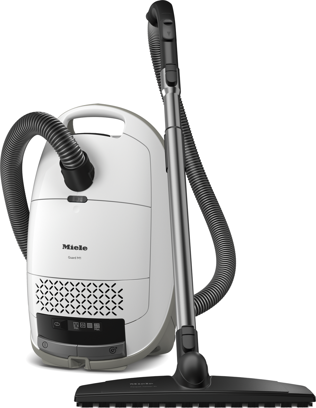 Miele Guard M1 Parquet XL canister vacuum in Brilliant White, sold and serviced at Avon Vacuums in Avon, Connecticut