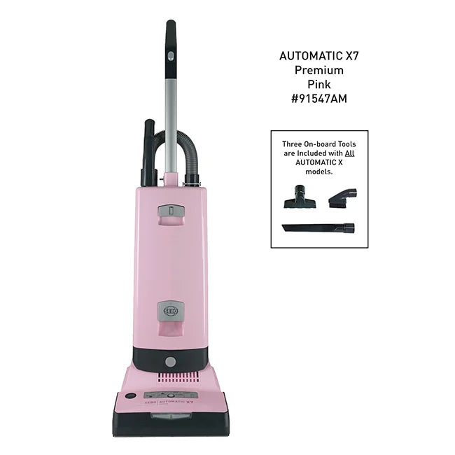 Pink vacuum cleaner with text on a white background