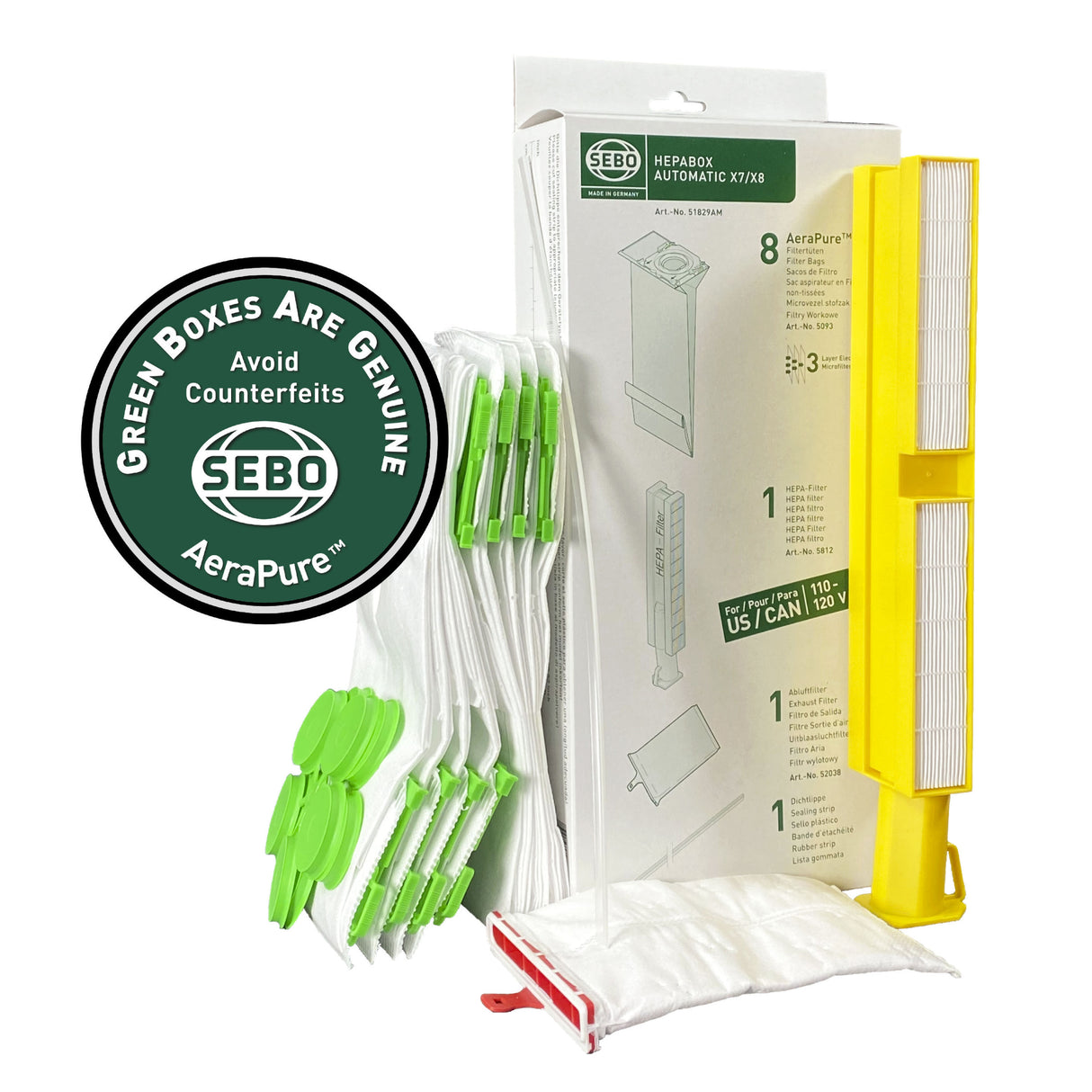 SEBO Automatic X7/X8 HEPA Service Box (51829AM) | 8 Bags, HEPA Filter & Sealing Strip - Avon Vacuums