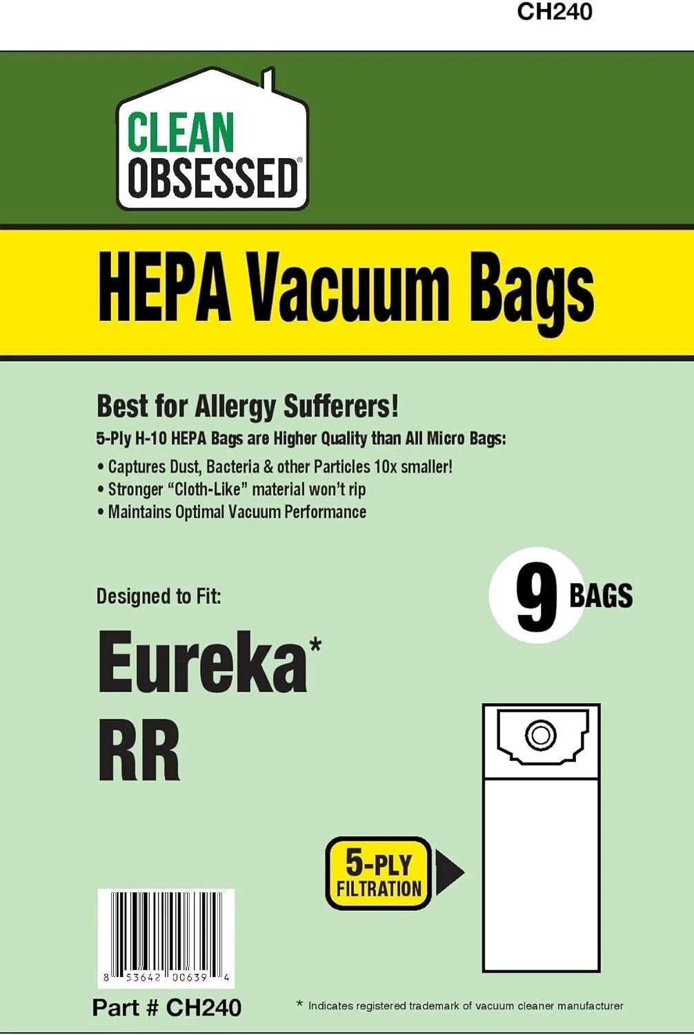 Clean Obsessed Eureka Type RR HEPA vacuum bags, 9-pack, SKU CH240