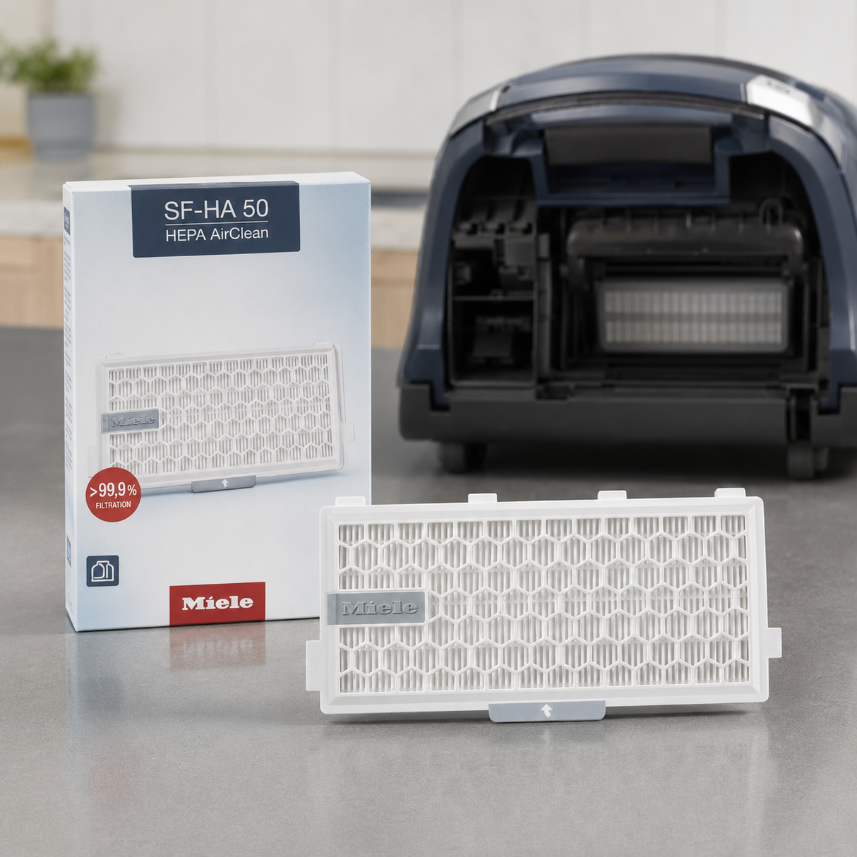 Genuine Miele SF-HA 50 HEPA AirClean Filter shown in a realistic home or maintenance setting