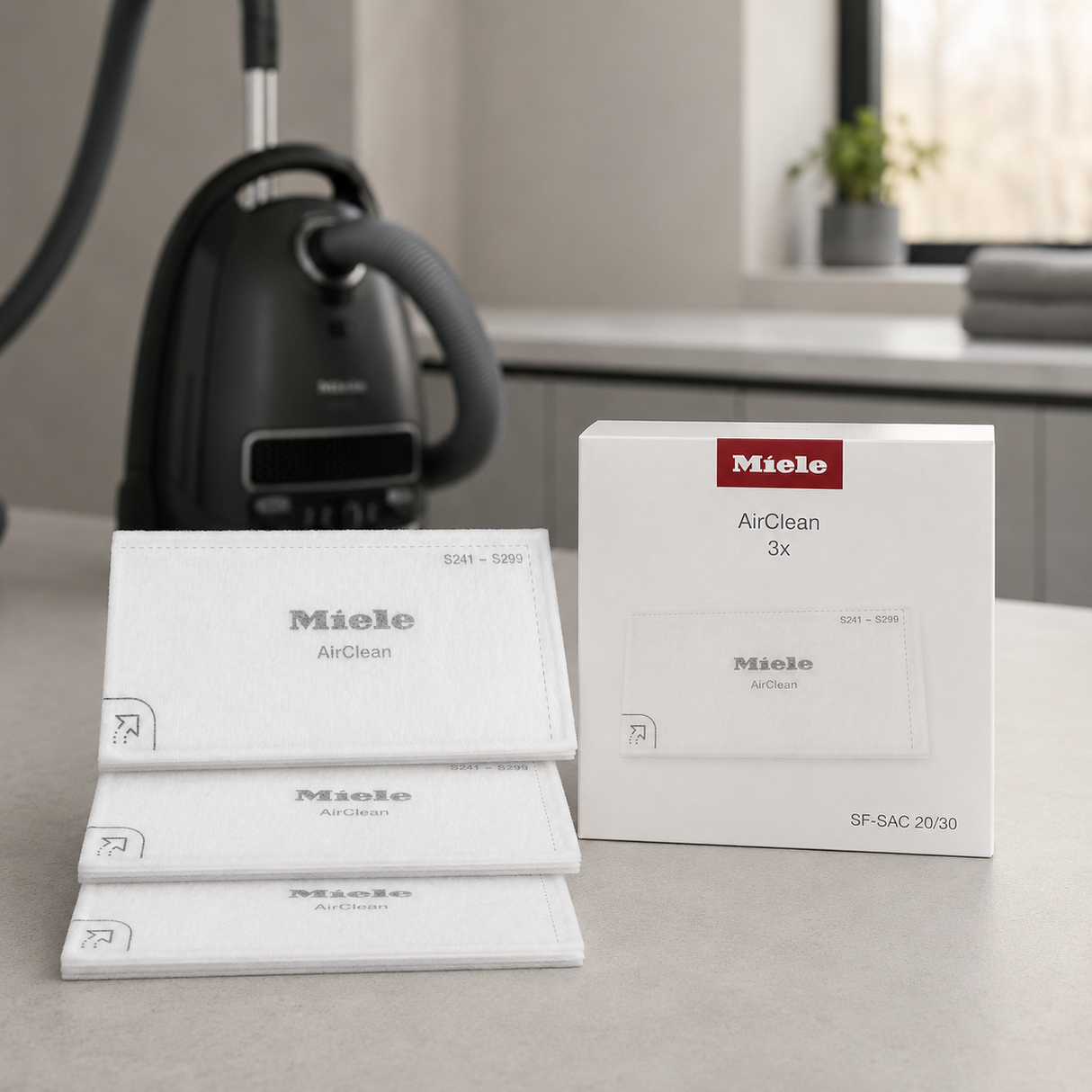 Genuine Miele SF-SAC 20/30 AirClean Filter | 3-Pack shown in a realistic home or maintenance setting