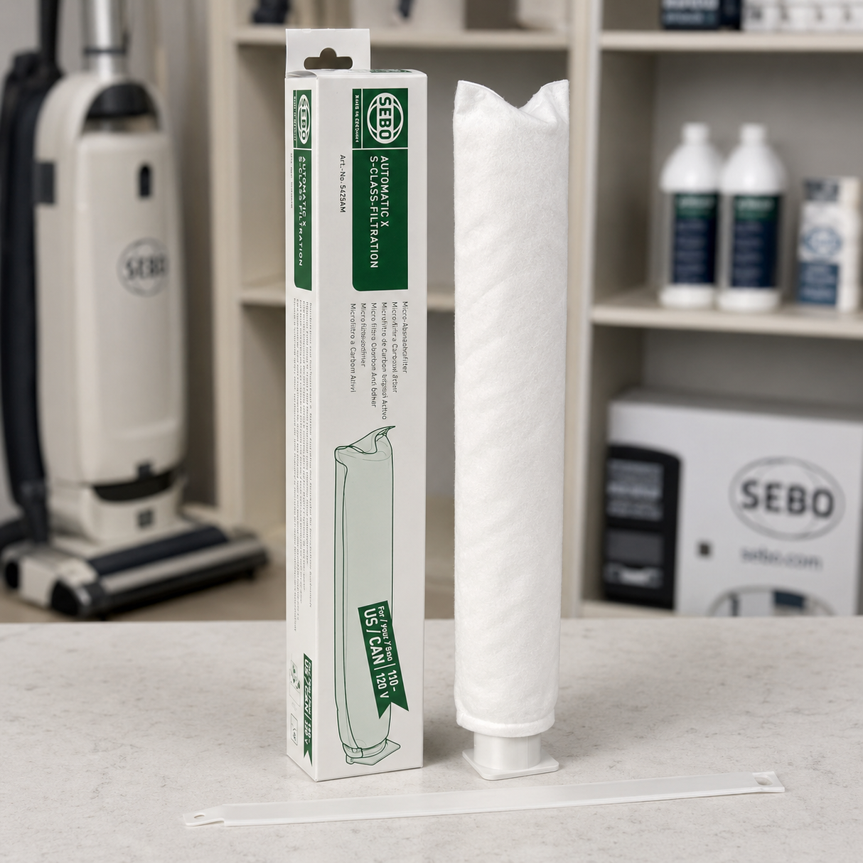 SEBO Anti-Odor Microfilter for X, G, and 300/350 Series (5425AM) displayed in a professional vacuum-care setting