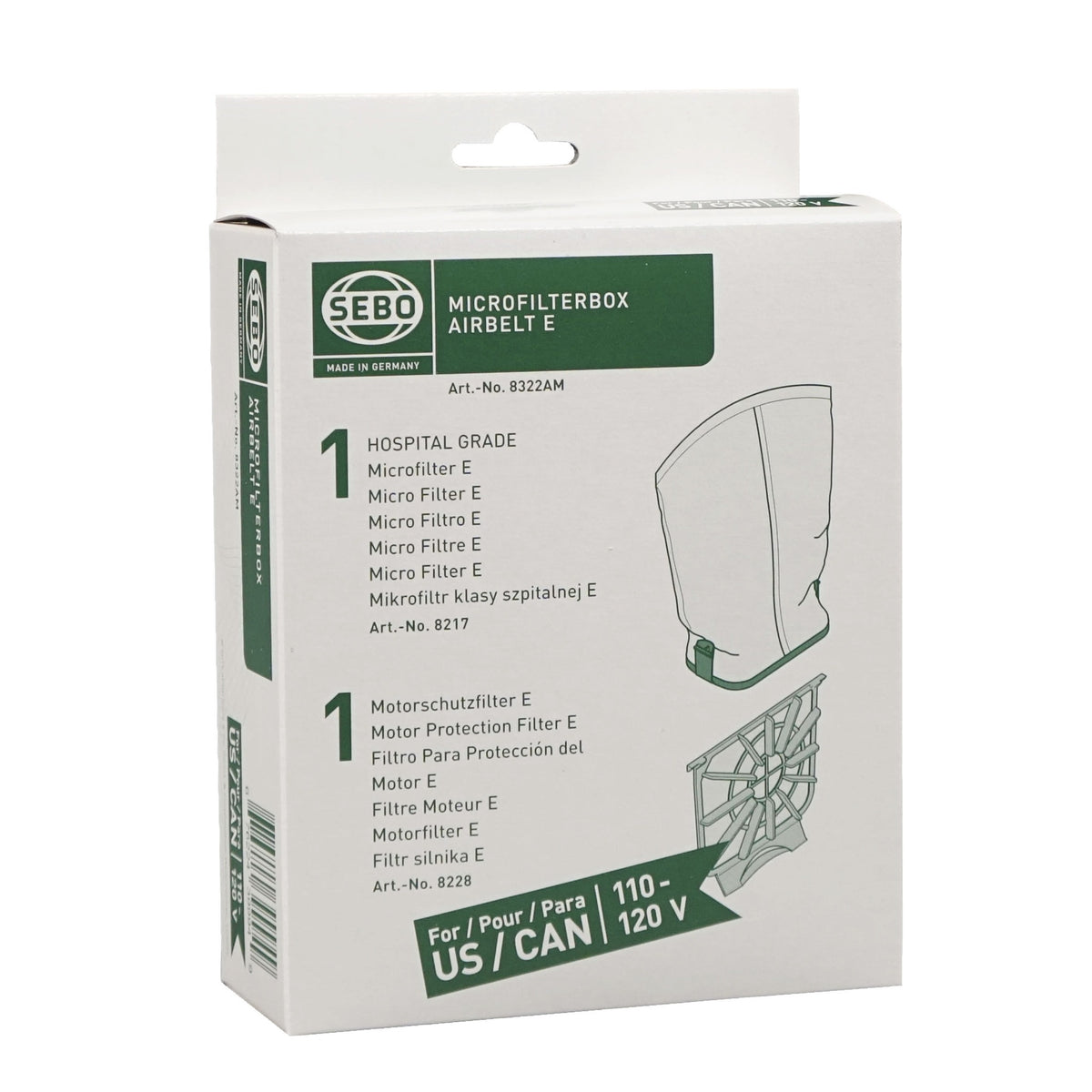 SEBO 8322AM Filter Set AIRBELT E - 1 pre-motor filter and 1 exhaust microfilter (Green Box Only)