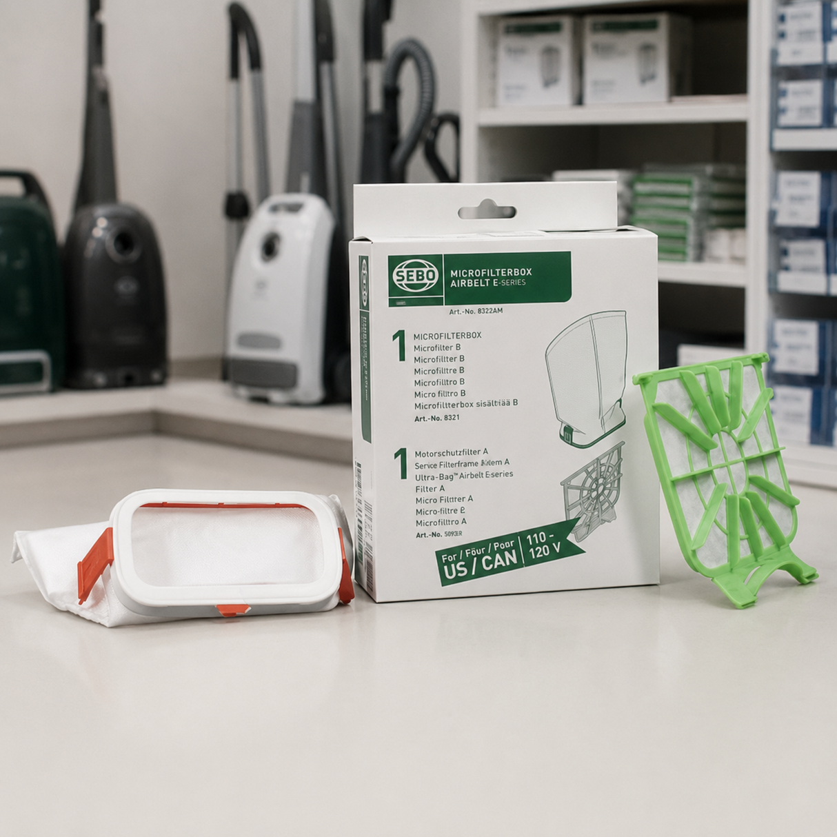 SEBO Airbelt E-Series Microfilter Box (8322AM) | Genuine Motor & Exhaust Filters displayed in a professional vacuum-care setting