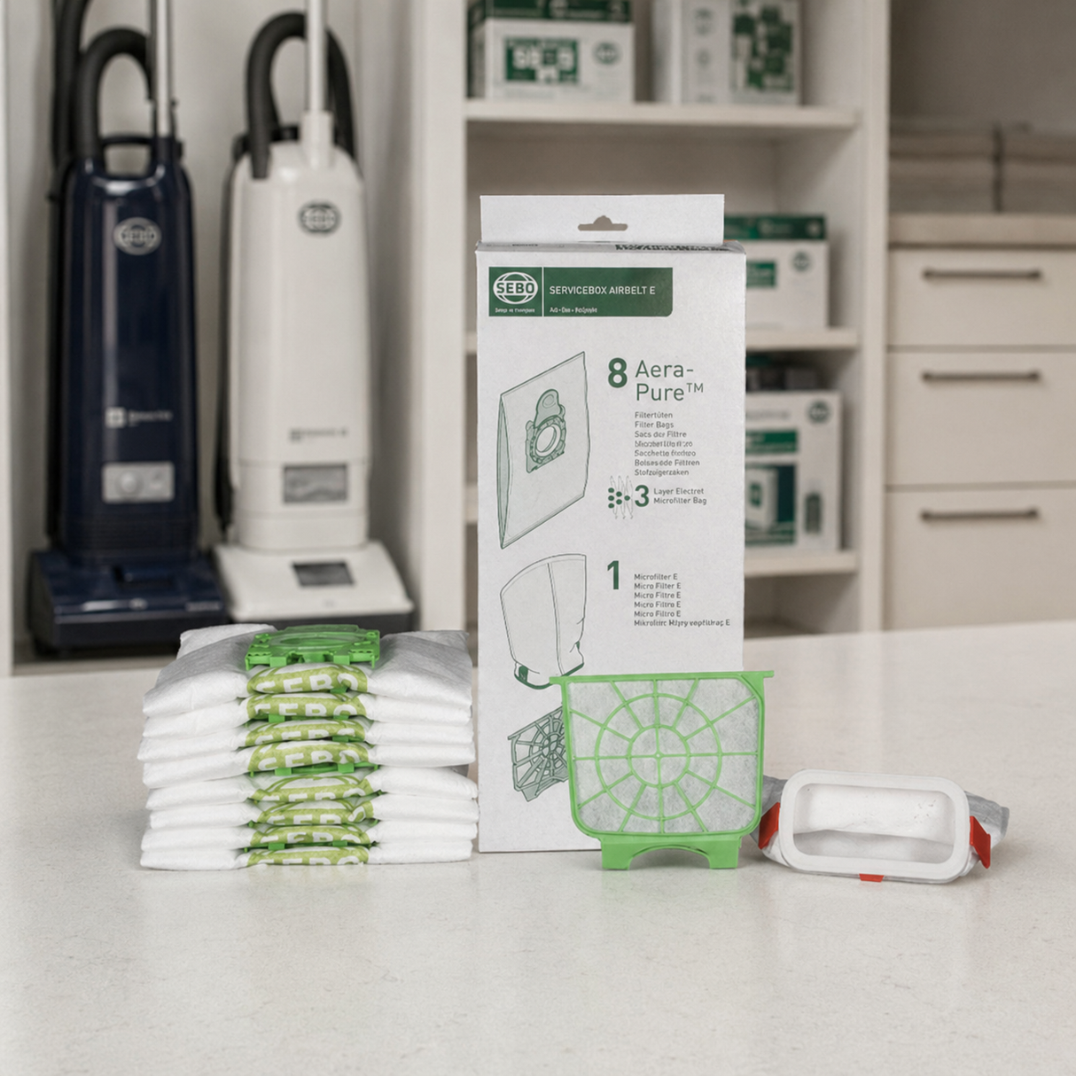 SEBO Airbelt E-Series Service Box (8334AM) | 8 Bags & Filter Set displayed in a professional vacuum-care setting