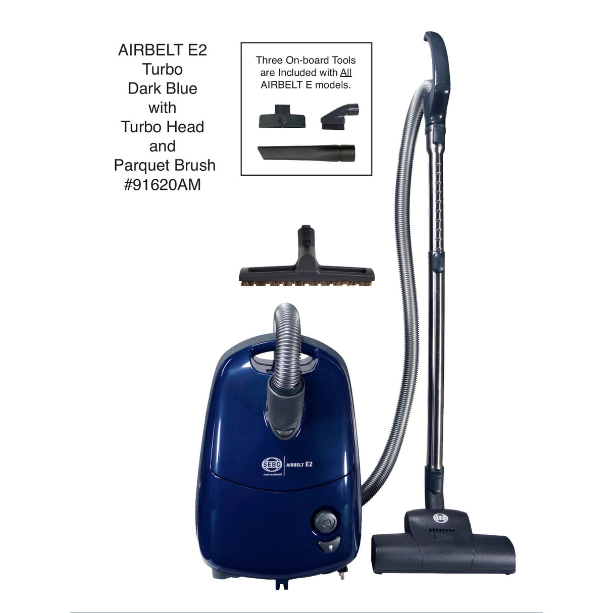 Official SEBO AIRBELT E2 Turbo dark blue 91620AM with turbo head and parquet brush