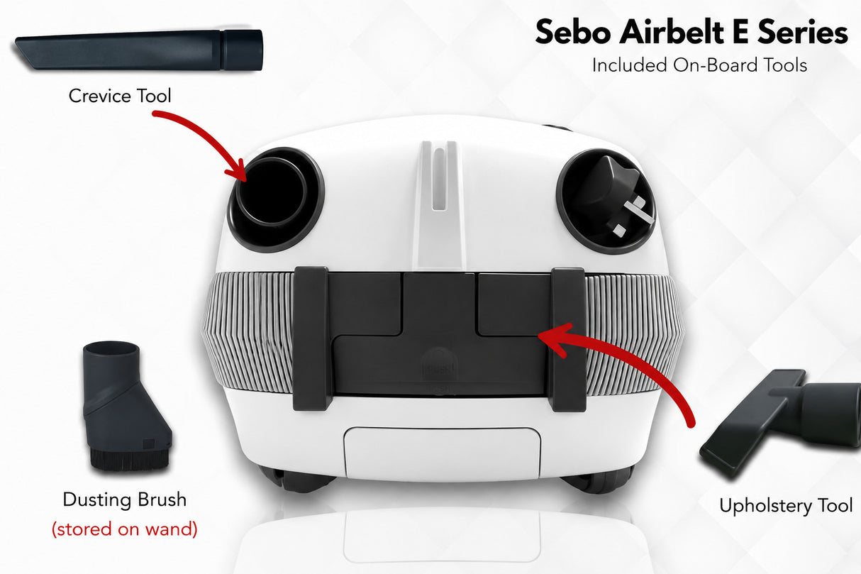 SEBO Airbelt E Series on-board tools — crevice tool, upholstery tool, dusting brush — labeled diagram from Avon Vacuums