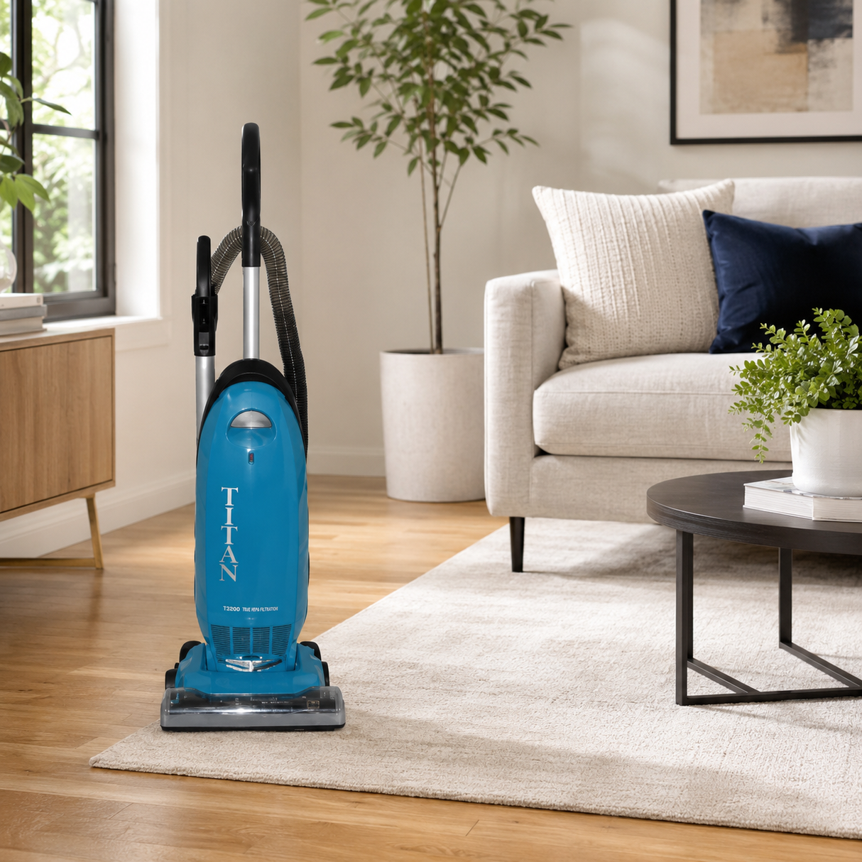 Titan T3200 blue HEPA upright vacuum in a residential room