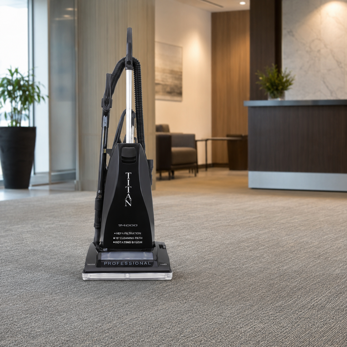 Titan T4000.2 heavy-duty upright vacuum in a home interior