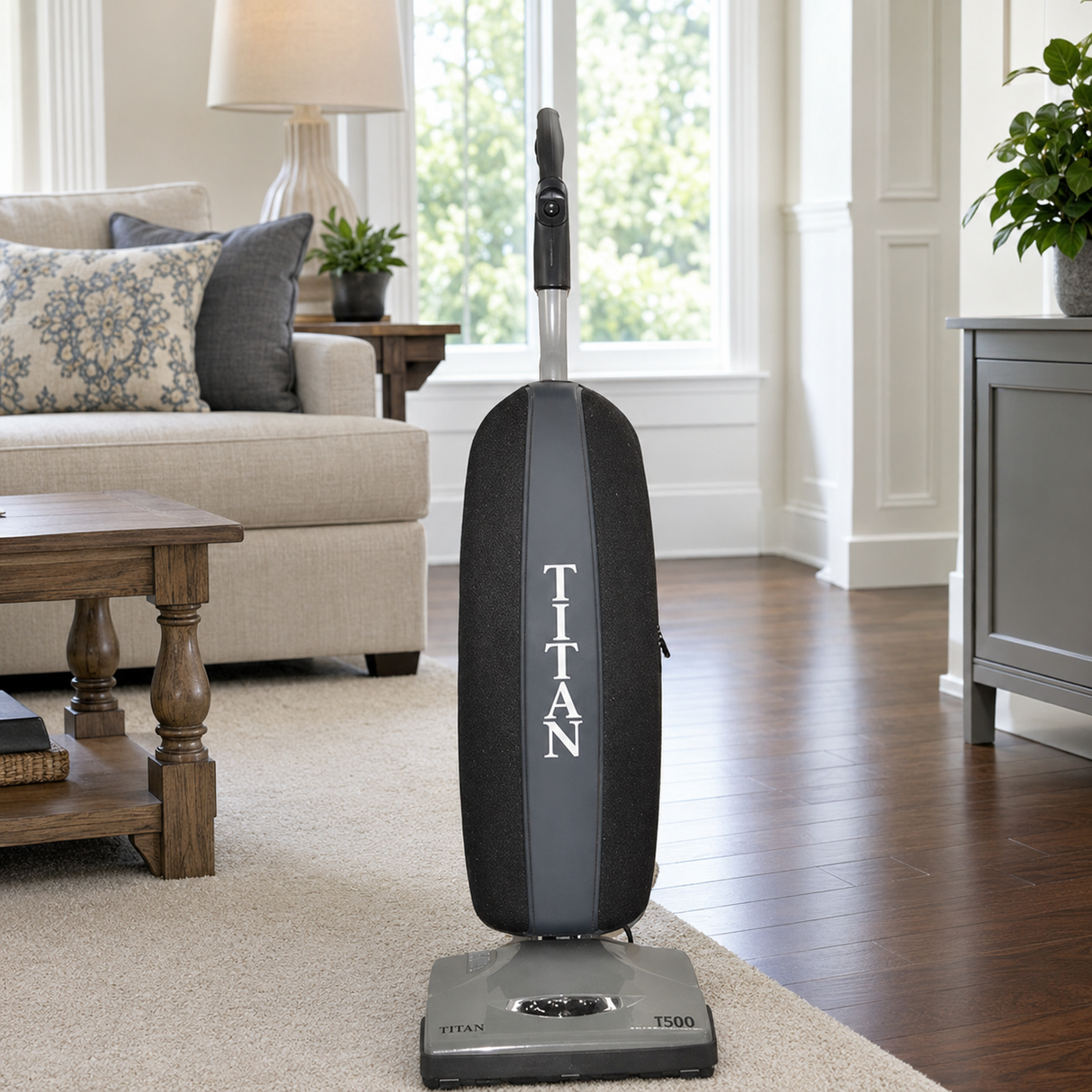 Titan T500 cordless bagged upright vacuum in a bright living room