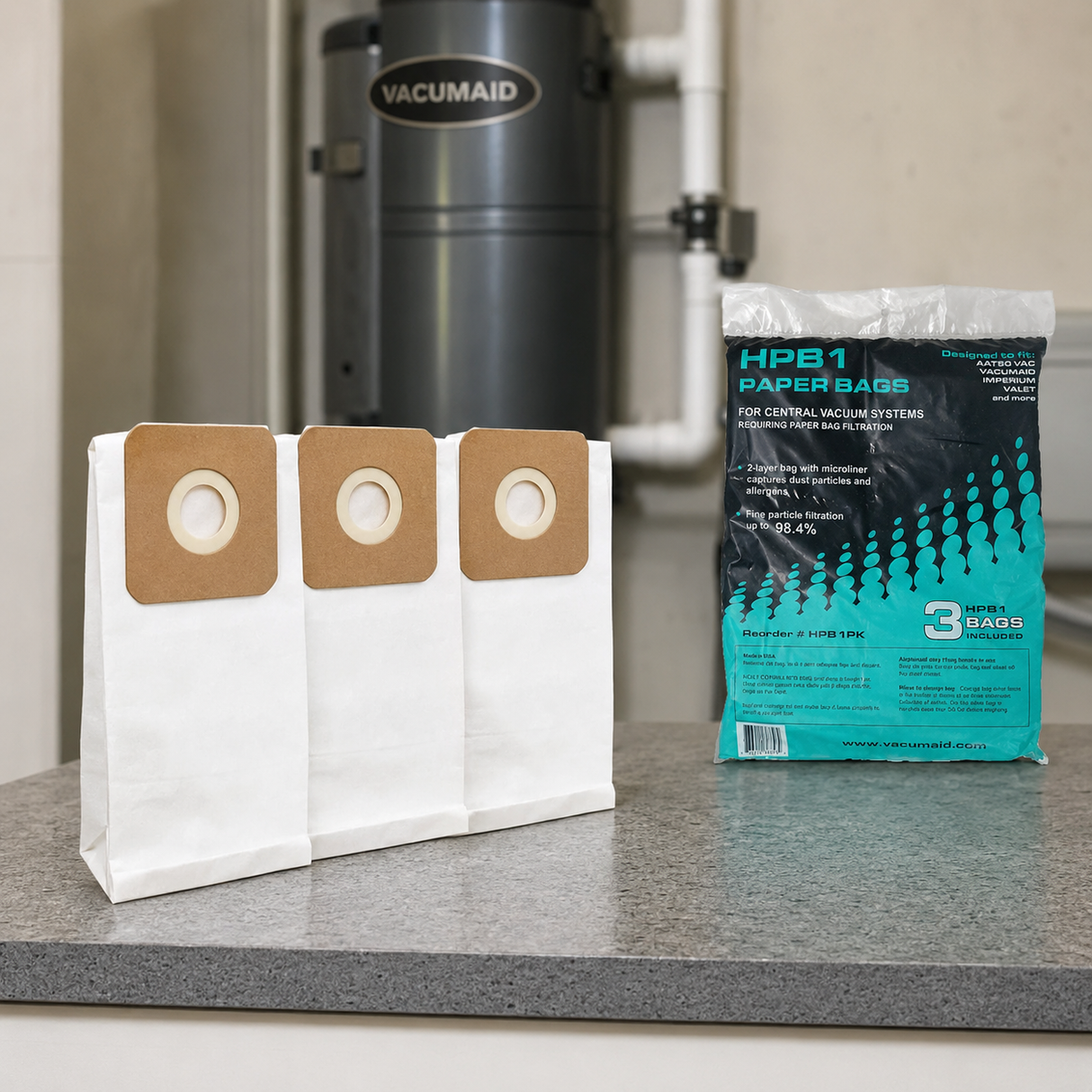 VacuMaid HPB1 Disposable Paper Bag — 3-Pack (Older SR / AstroVac / Valet) shown in a realistic installation or maintenance setting