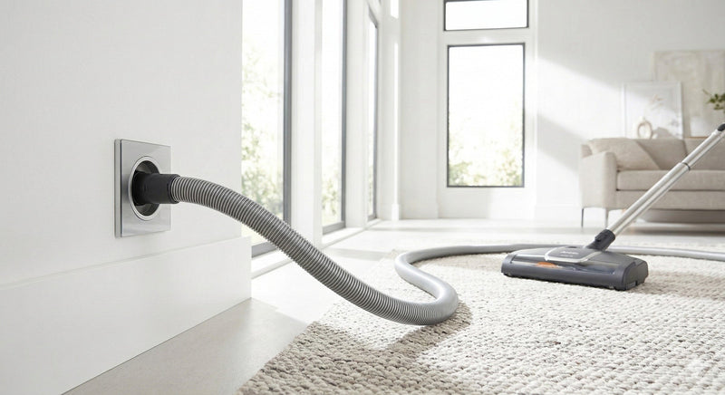 Central vacuum hose and power nozzle cleaning a Connecticut home — five reasons homeowners switch to VacuMaid central systems installed by Avon Vacuums
