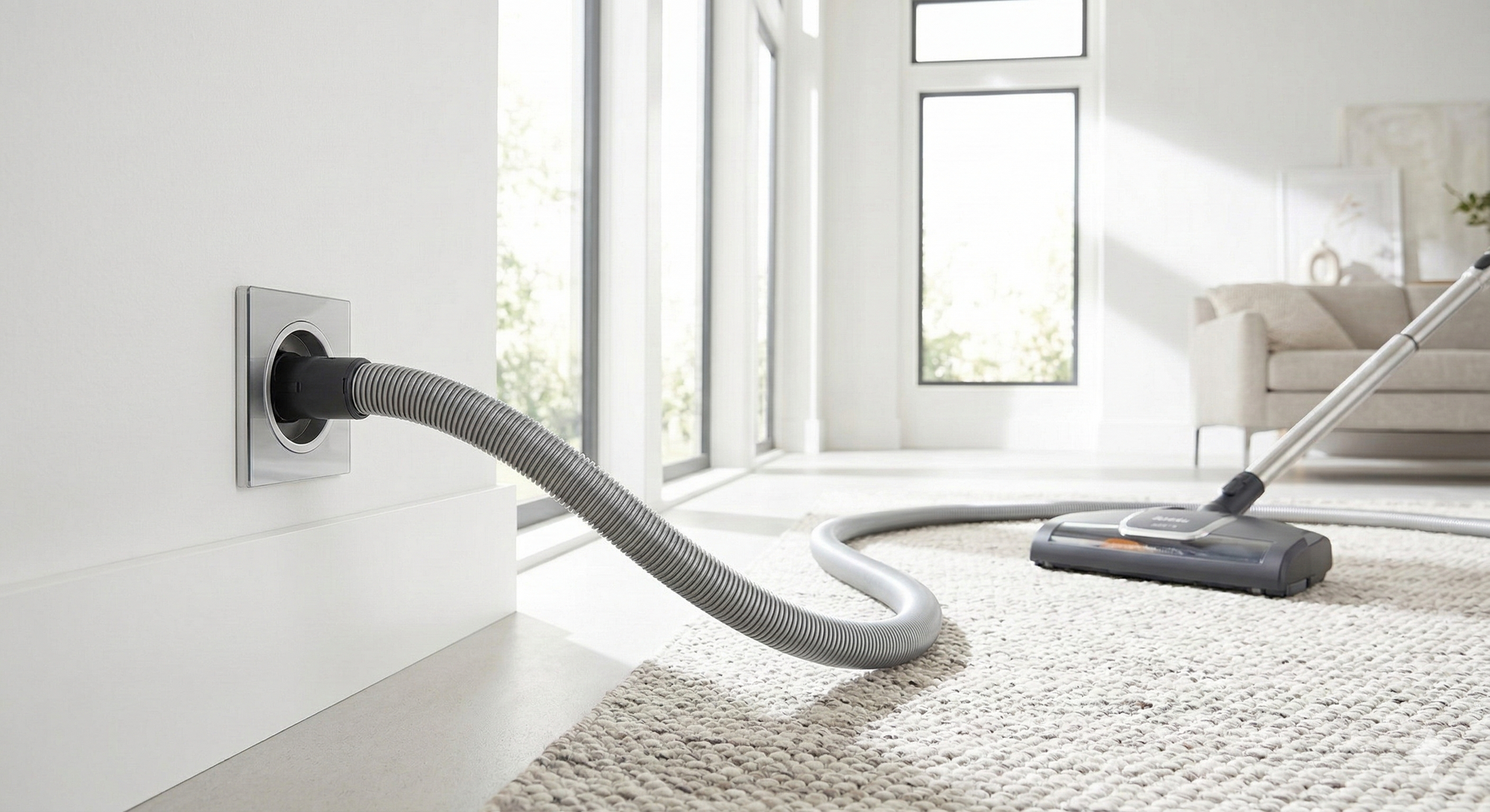 Central vacuum hose and power nozzle cleaning a Connecticut home — five reasons homeowners switch to VacuMaid central systems installed by Avon Vacuums