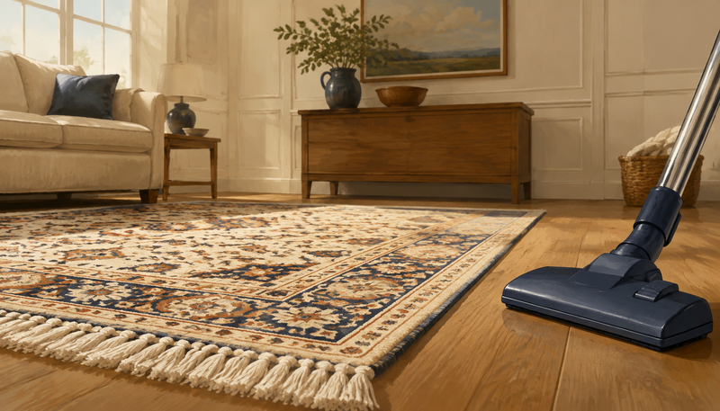 Original illustration of a vacuum floorhead beside an intact patterned rug with delicate fringe on a wood floor