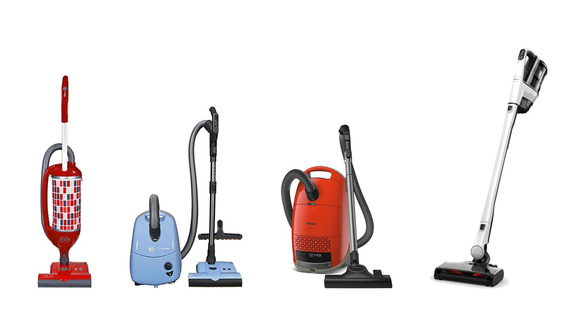 Four vacuums sold by Avon Vacuums, side by side: SEBO FELIX Premium upright in Rosso, SEBO AIRBELT E3 Premium canister in Pastel Blue, Miele Guard M1 canister in Terra Red and Miele Triflex HX3 cordless stick in Brilliant White