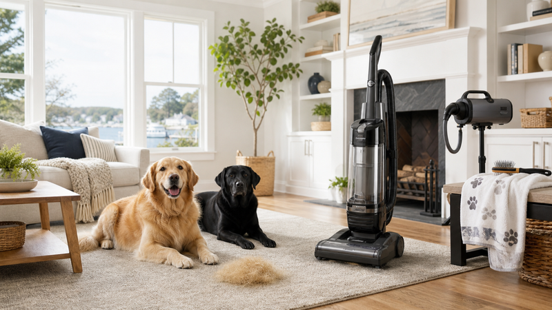 Two dogs in a clean living room with a vacuum and grooming dryer for pet hair cleanup