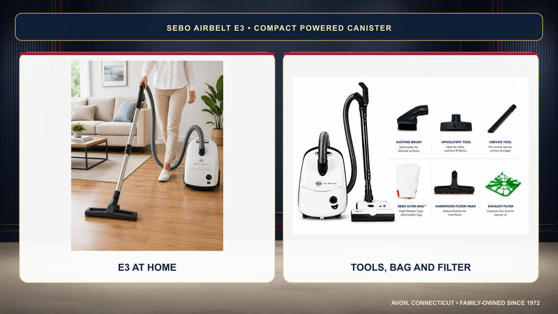 SEBO AIRBELT E3 at home with included tools, bag and filter