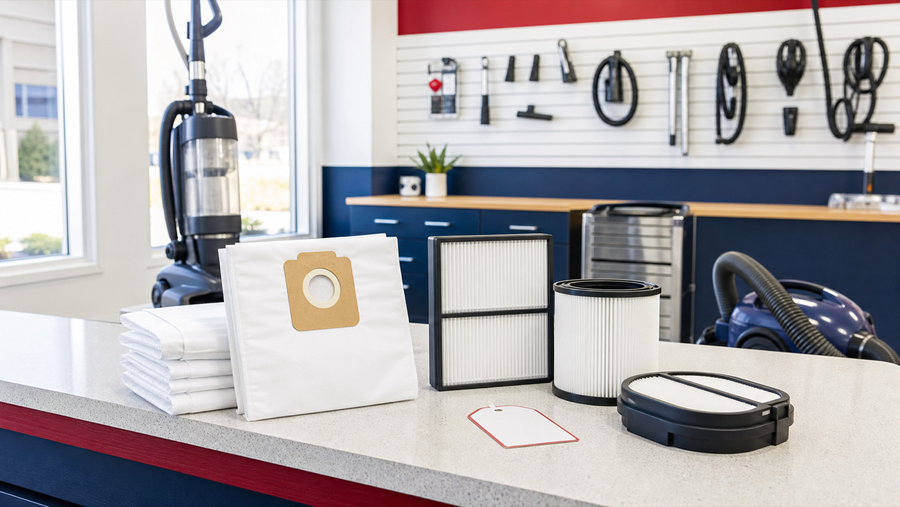 Vacuum bag and filter replacement guide service counter at Avon Vacuums in Avon CT
