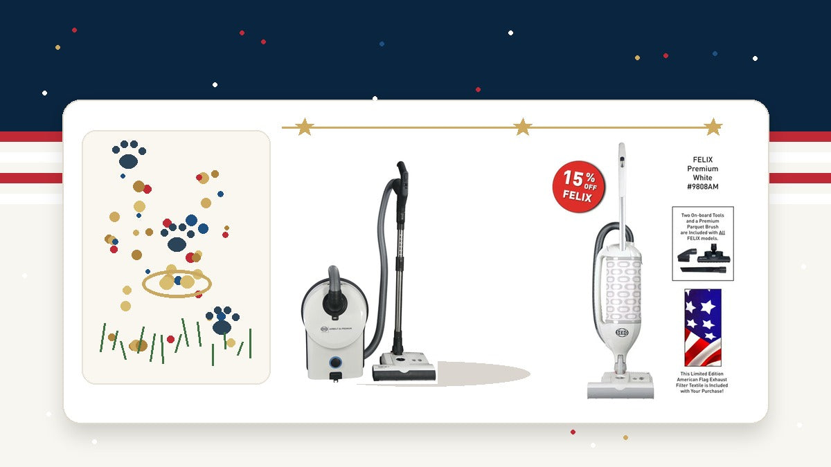 July 4 weekend party cleanup guide with SEBO Felix American flag upright and SEBO Airbelt D4 vacuums at Avon Vacuums