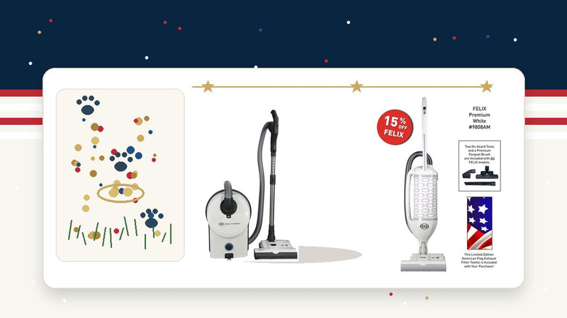 July 4 weekend party cleanup guide with SEBO Felix American flag upright and SEBO Airbelt D4 vacuums at Avon Vacuums