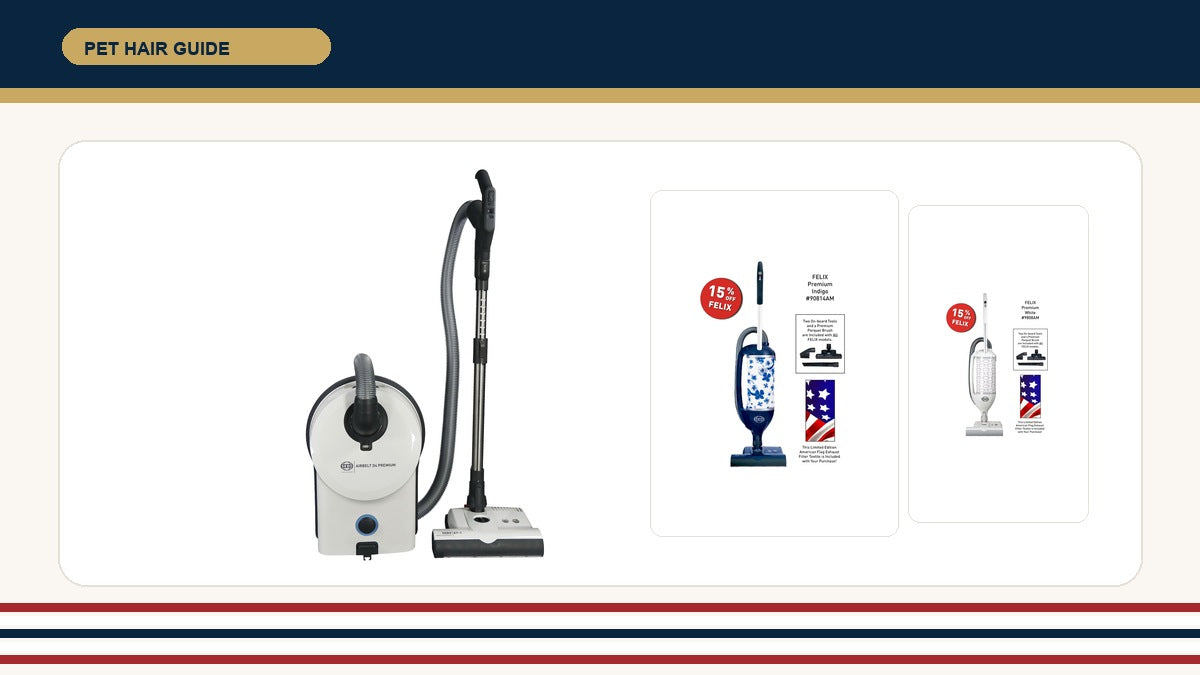 Best vacuum for pet hair thumbnail with real SEBO D4 and SEBO Felix product images