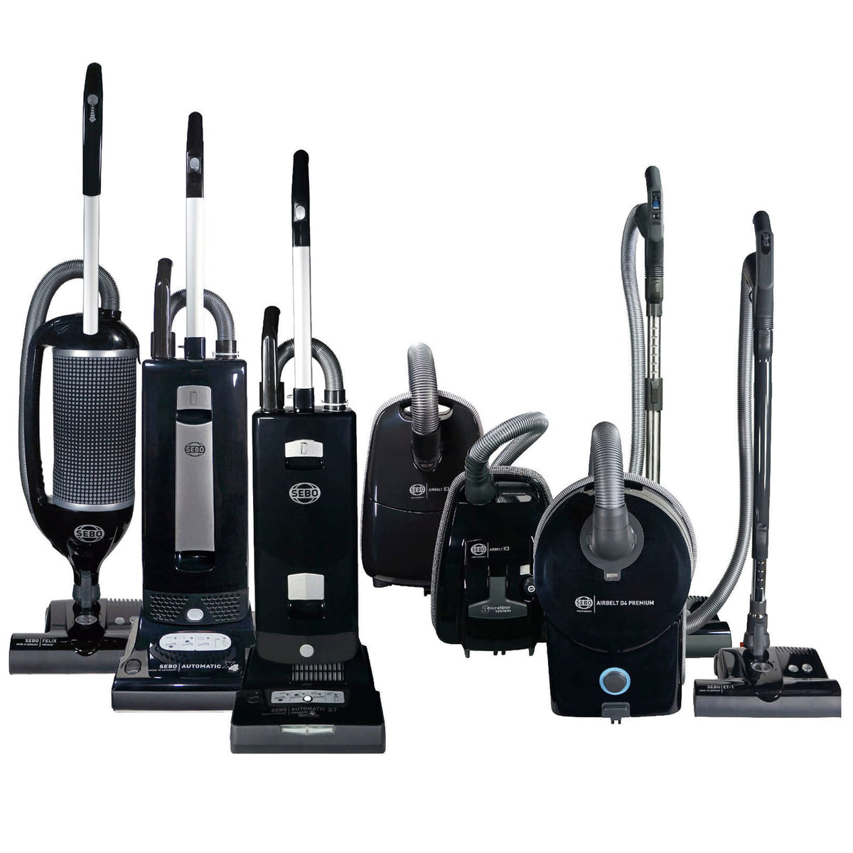 SEBO upright and canister vacuums side by side