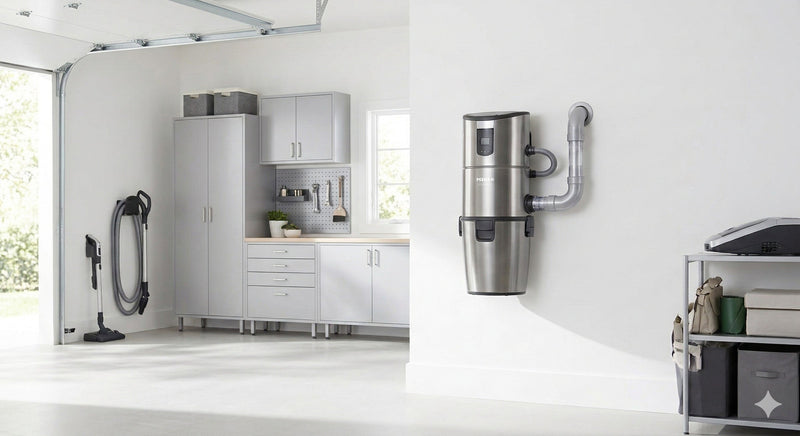 Central vacuum power unit professionally installed in a Connecticut garage — VacuMaid systems installed throughout the Farmington Valley by Avon Vacuums