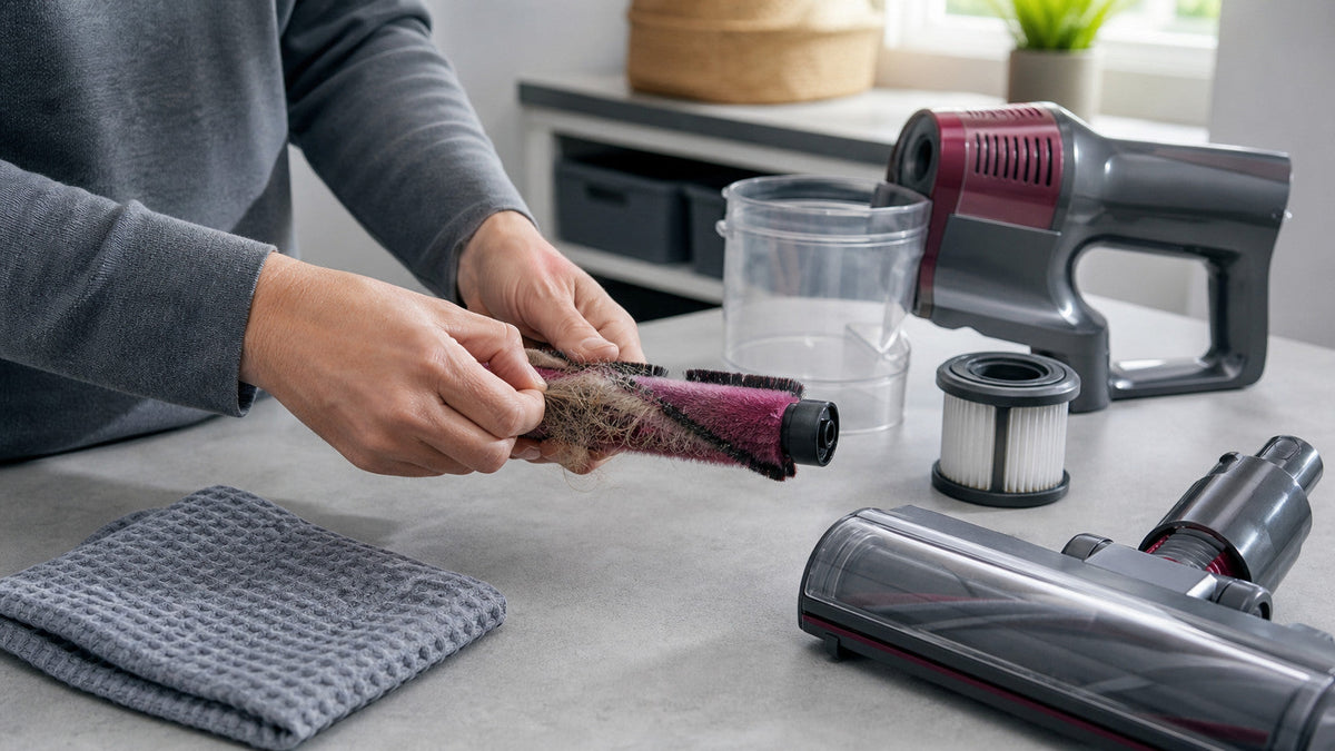 Homeowner safely removing hair from a detached vacuum brush roll beside an empty bin and clean filter