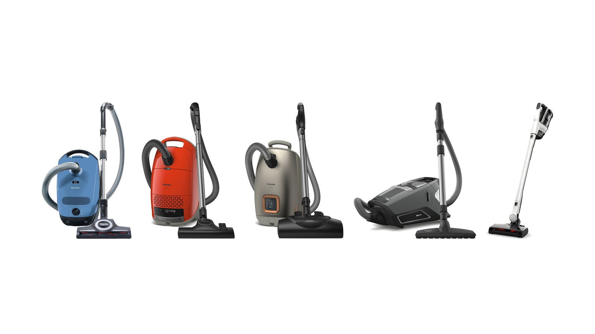 Miele lineup: Classic C1 Turbo Team in Tech Blue, Guard M1 in Terra Red, Guard L1 Electro in Titanium PF, Blizzard CX1 PureSuction in Graphite Grey and Triflex HX3 in Brilliant White
