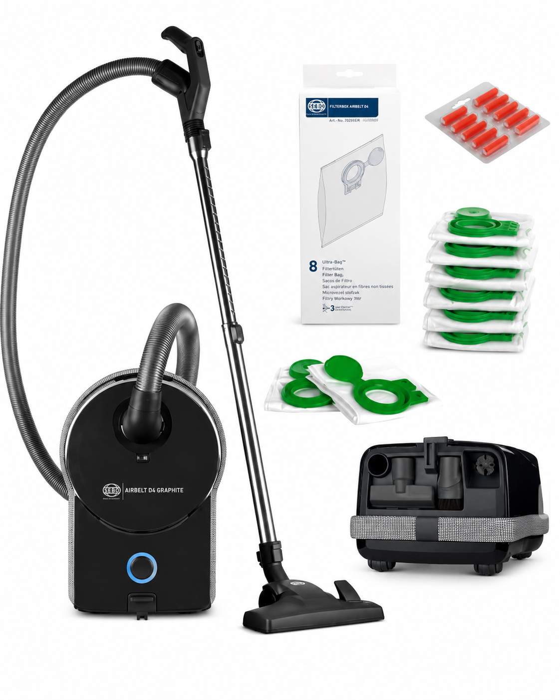SEBO Airbelt D4 Premium canister vacuum with included bags, filters and accessories — vacuum bag and filter replacement guide from Avon Vacuums in Avon, CT