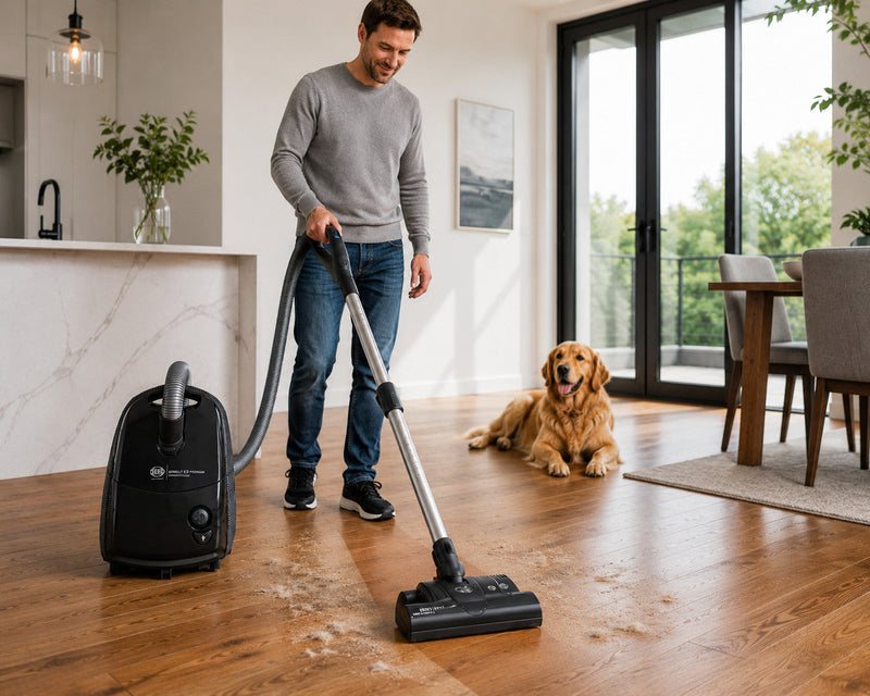 SEBO Airbelt E3 Premium canister vacuum cleaning pet hair on hardwood floor with a golden retriever — best vacuums for pet hair from Avon Vacuums in Avon, CT