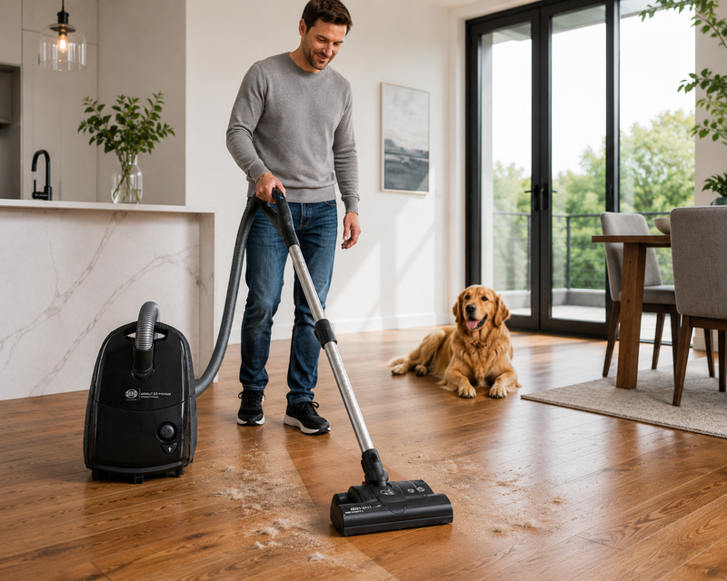 SEBO Airbelt E3 Premium canister vacuum cleaning pet hair on hardwood floor with a golden retriever — best vacuums for pet hair from Avon Vacuums in Avon, CT