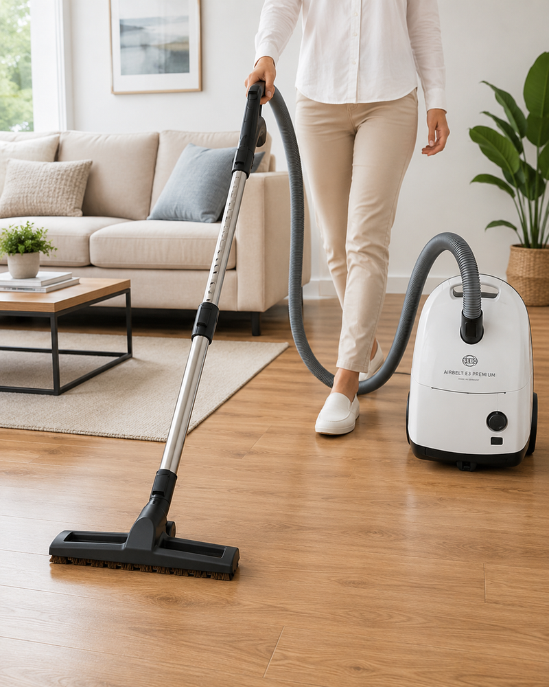 SEBO Airbelt E3 Premium canister vacuum in white cleaning a Connecticut living room on hardwood — sold and serviced at Avon Vacuums in Avon, CT since 1972