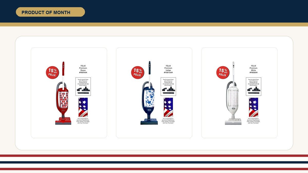 SEBO Felix American flag product of the month thumbnail with real red blue and white product images