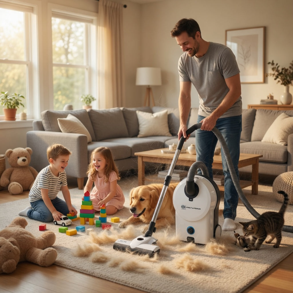 Family living room being vacuumed with a white SEBO Airbelt D4 canister as a golden retriever and cat shed and children play among pet-hair clumps on the rug — grooming and vacuuming for pet hair, Avon Vacuums in Avon, CT since 1972