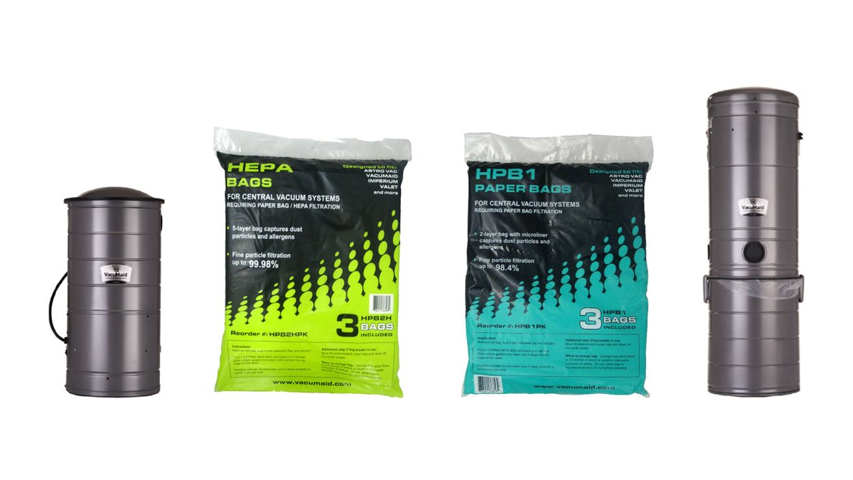 VacuMaid SR52 disposable-bag power unit, HPB2H HEPA-style bag 3-pack, HPB1 paper bag 3-pack and SR46 inverted-bag power unit, side by side