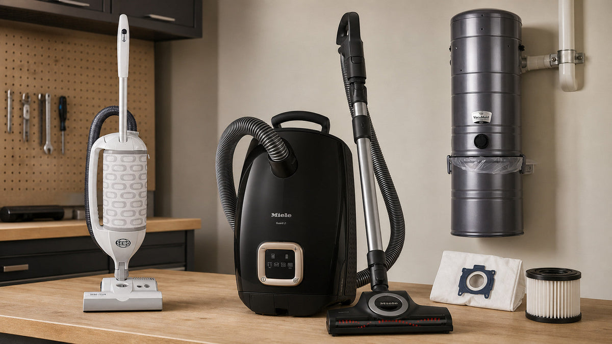 SEBO Felix, Miele Guard L1 and VacuMaid central vacuum featured in an Avon Vacuums maintenance guide