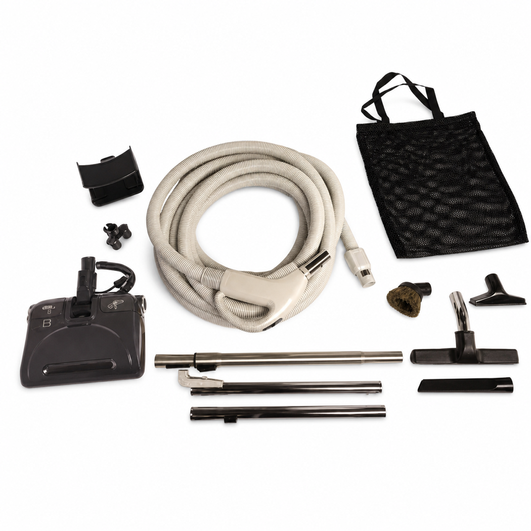 Titan T5 Classic 30-ft direct-connect central vacuum kit with Poly-V power nozzle, hose, wands and cleaning tools.