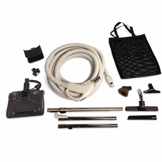 Titan T5 Classic 30-ft direct-connect central vacuum kit with Poly-V power nozzle, hose, wands and cleaning tools.