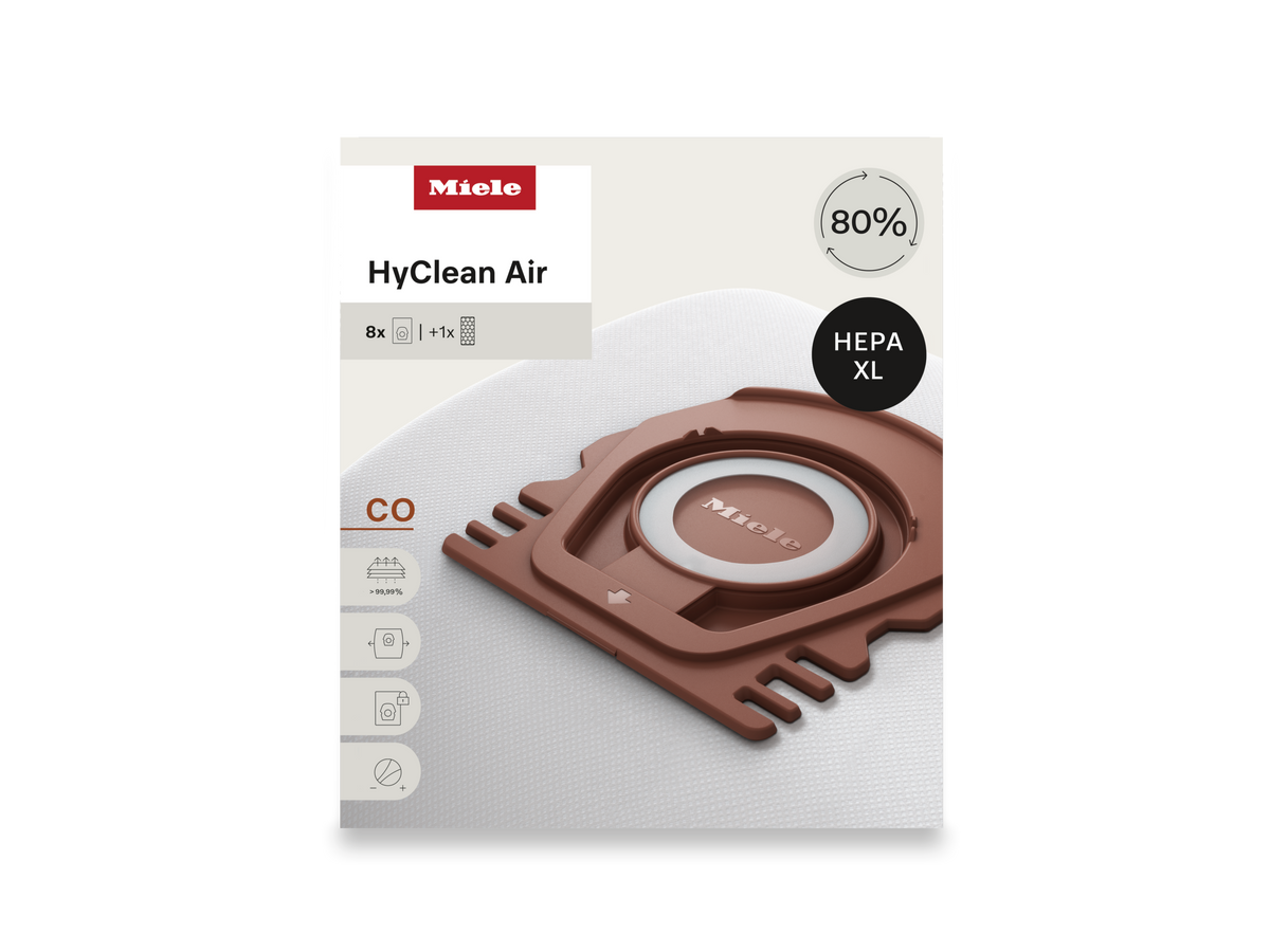 Genuine Miele HyClean Air CO Allergy XL Pack | 8 Bags & 1 HEPA Filter fitment or install view
