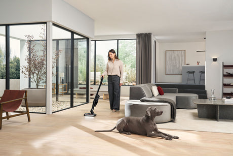 Miele Triflex HX3 Cat & Dog — floor cleaning beside a pet