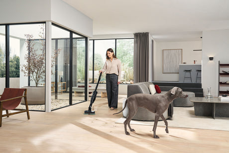 Miele Triflex HX3 Aqua — floor cleaning beside a pet