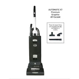 Black vacuum cleaner with attachments on a white background