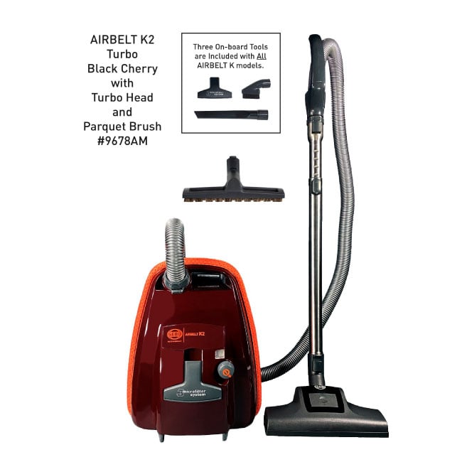 SEBO AIRBELT K2 Turbo Canister Vacuum with Turbo Head and Parquet Brush – Black Cherry