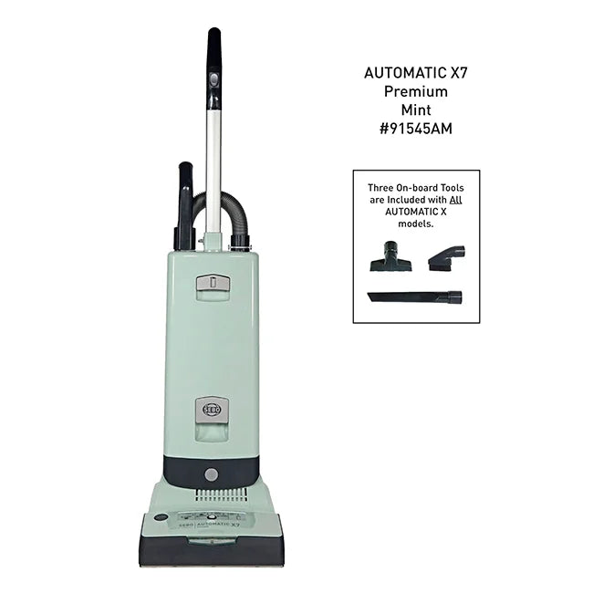 Upright vacuum cleaner with text indicating model and features on a white background