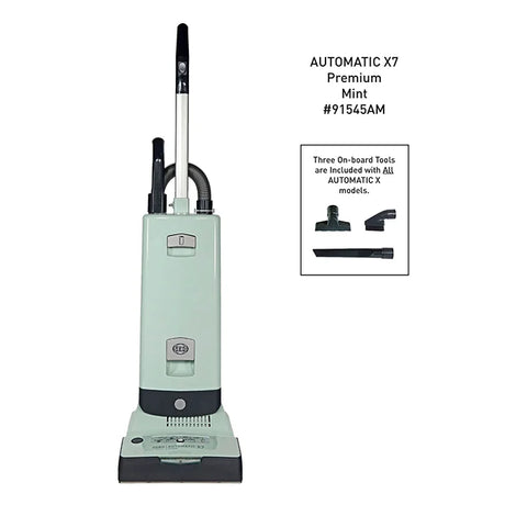 Upright vacuum cleaner with text indicating model and features on a white background