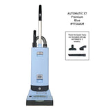 Blue automatic floor cleaning machine with text on a white background