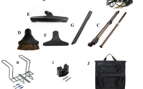 PSB35P included wand, tools, hose hanger, wand holder and caddy bag for black 35 ft pigtail SEBO ET-1 kit | Avon Vacuums CT
