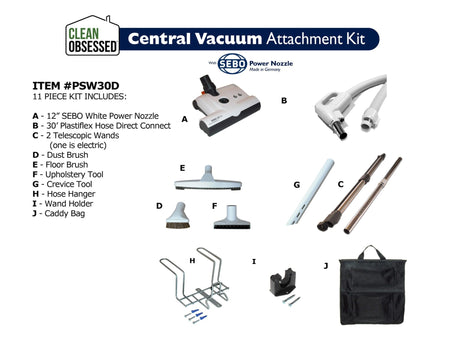 Sebo 30-Foot Deluxe Central Vacuum Kit with White ET-1 Power Head - Pigtail Hose - Avon Vacuums